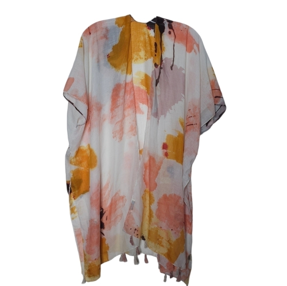 Short Sleeve Duster Cover-up Abstract Earth Tone Watercolour Print Tassel hem